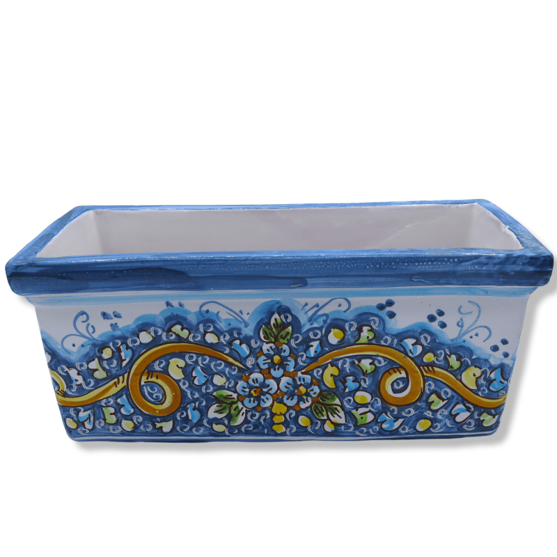 Rectangular vase box in Caltagirone ceramic, baroque decoration and flowers on a blue background, in five size options -