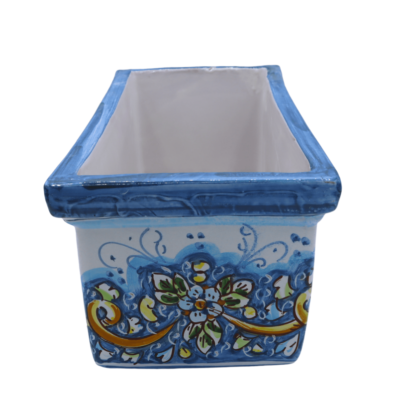 Rectangular vase box in Caltagirone ceramic, baroque decoration and flowers on a blue background, in five size options -