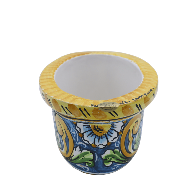 Oval vas i keramik, Caltagirone, L 23 x 15 cm, barockdekor och blommor på blå bakgrund - 