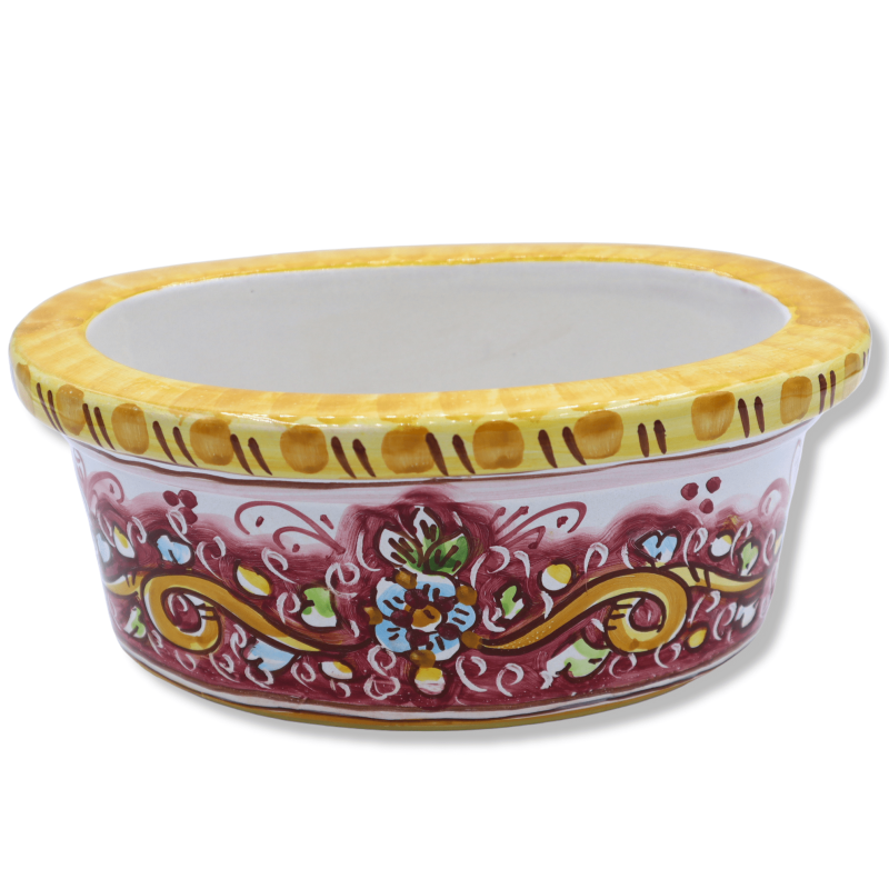 Jarra caixa oval em cerâmica Caltagirone, decoração barroca sobre fundo vermelho, mede aproximadamente 24x11x14 cm. Mod 