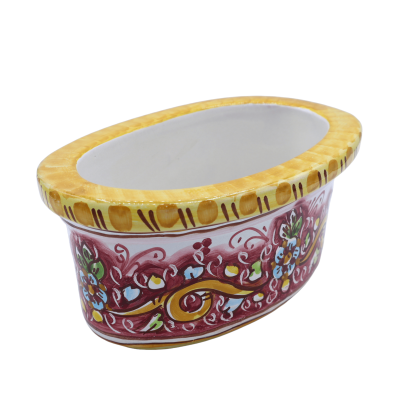 Ovale Vase aus Keramik von Caltagirone, L 23 x 15, Barockdekor auf burgunderfarbenem Hintergrund - 