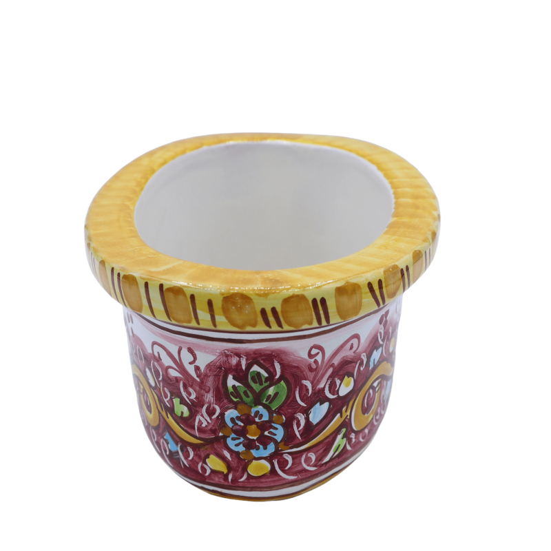 Ovale Vase aus Keramik von Caltagirone, L 23 x 15, Barockdekor auf burgunderfarbenem Hintergrund - 