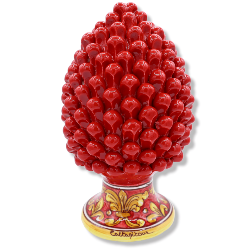 Cono de pino siciliano en cerámica Caltagirone, Rojo con base de decoración barroca, h 25 cm aprox. Mod TD - 