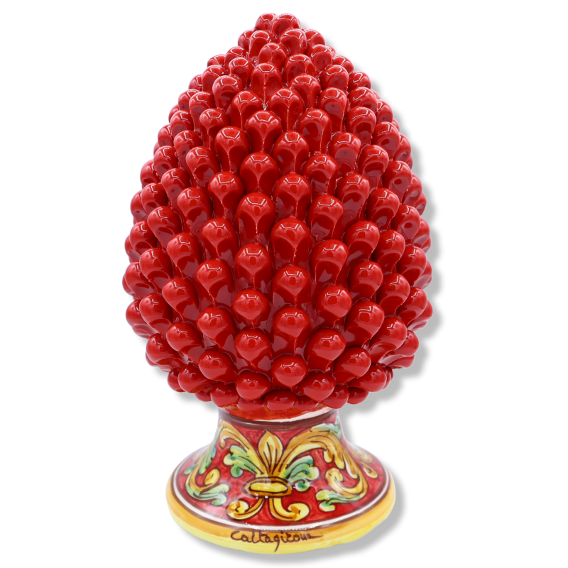 Sicilian pine cone in Caltagirone ceramic, red with baroque decoration base, h 30 cm approx. Mod TD - 