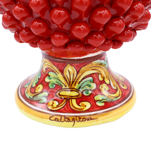 Sicilian pine cone in Caltagirone ceramic, red with baroque decoration base, h 30 cm approx. Mod TD -  2