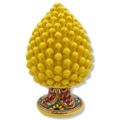 Sicilian pine cone in Caltagirone ceramic, yellow with peacock tail decoration base, h 30 cm approx. Mod TD - 