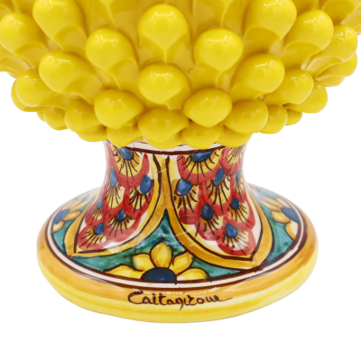 Sicilian pine cone in Caltagirone ceramic, yellow with peacock tail decoration base, h 30 cm approx. Mod TD - 