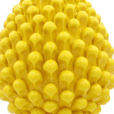 Sicilian pine cone in Caltagirone ceramic, yellow with peacock tail decoration base, h 30 cm approx. Mod TD - 