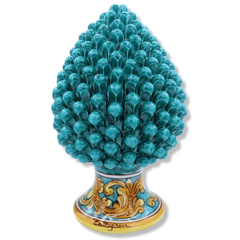 Sicilian pine cone in Caltagirone ceramic, verdigris with baroque decoration base, h 30 cm approx. Mod TD - 