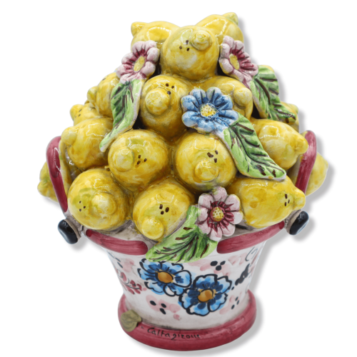 Panier centre de table en céramique de Caltagirone, h environ 20 cm. applications de citrons et de fleurs - 