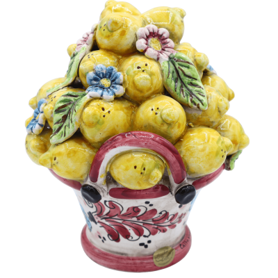 Panier centre de table en céramique de Caltagirone, h environ 20 cm. applications de citrons et de fleurs - 