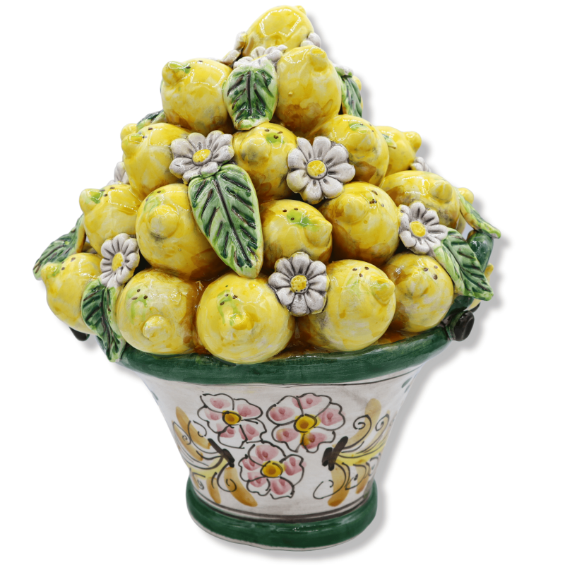 Caltagirone-Keramikkorb, ca. 30 cm hoch. grün mit Applikationen von Zitronen, Blüten und Blättern - 