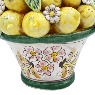 Caltagirone-Keramikkorb, ca. 30 cm hoch. grün mit Applikationen von Zitronen, Blüten und Blättern - 