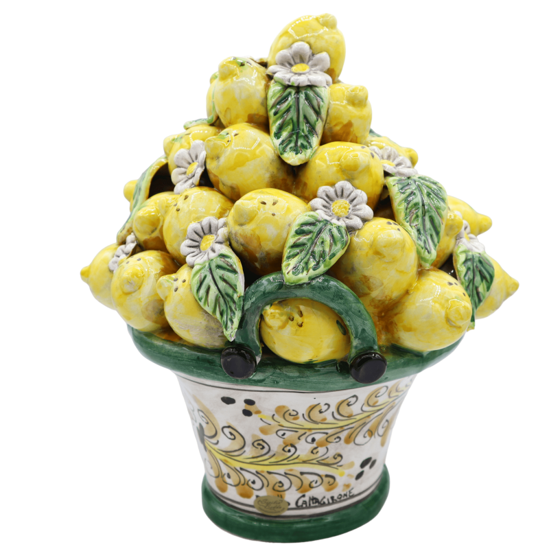 Caltagirone-Keramikkorb, ca. 30 cm hoch. grün mit Applikationen von Zitronen, Blüten und Blättern - 