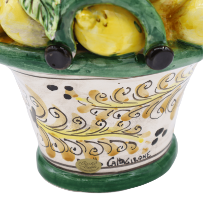 Caltagirone-Keramikkorb, ca. 30 cm hoch. grün mit Applikationen von Zitronen, Blüten und Blättern - 