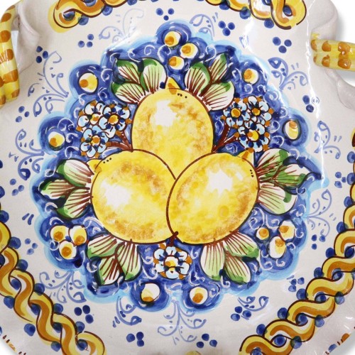 Centro de mesa en cerámica Caltagirone, festoneado con asas de antorcha y decoración con limones y flores, diámetro 33 c 2