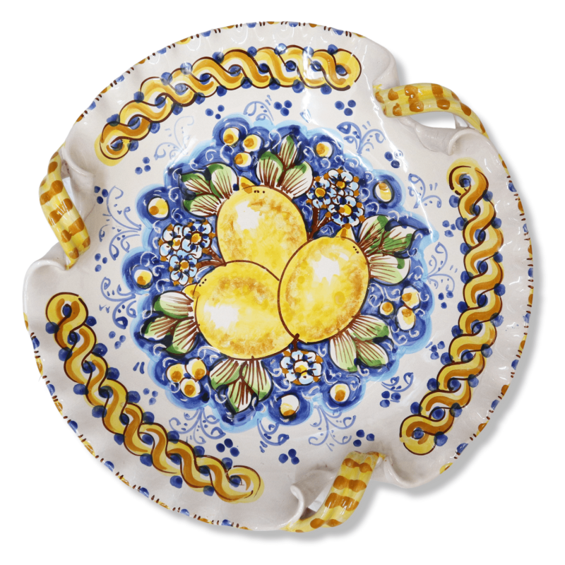 Centrotavola in ceramica di Caltagirone, smerlato con manici torchon e decoro con limoni & fiori, diametro 33cm Mod BR -
