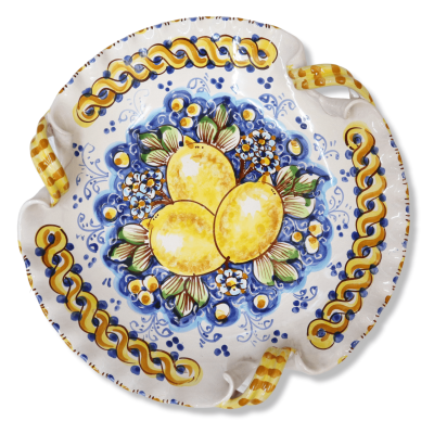 Centre de table en céramique Caltagirone, festonné avec anses torchon et décoration citrons & fleurs, diamètre 33cm Mod 