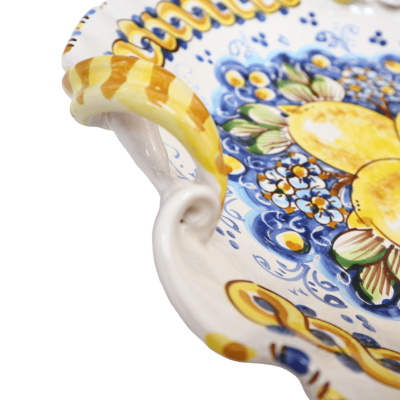 Ceramic Centerpie of Caltagirone, gemengd met torchon handvaten en decoratie met citroenbloemen, diameter 33cm Mod BR - 