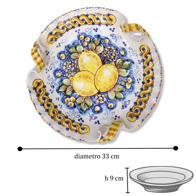Centre de table en céramique Caltagirone, festonné avec anses torchon et décoration citrons & fleurs, diamètre 33cm Mod 