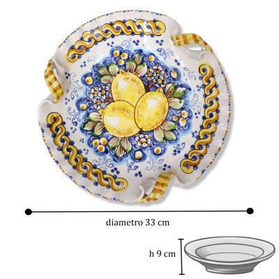 Ceramic Centerpie of Caltagirone, gemengd met torchon handvaten en decoratie met citroenbloemen, diameter 33cm Mod BR - 
