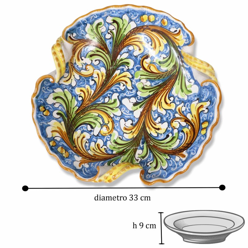 Centro de mesa em cerâmica Caltagirone, recortado com alças de maçarico e decoração barroca de fundo azul, diâmetro 33cm