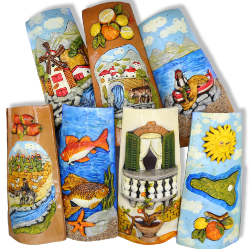 Siciliaanse keramische tegel met reliëfdecoraties, h 30 cm (1 stuk), met diverse decoratiemogelijkheden - 