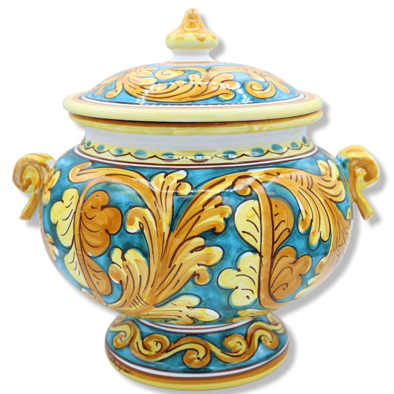 Zuppiera in Ceramica Caltagirone, L 28 x h 27 cm ca. decoro barocco palmetta e fondo verderame - 