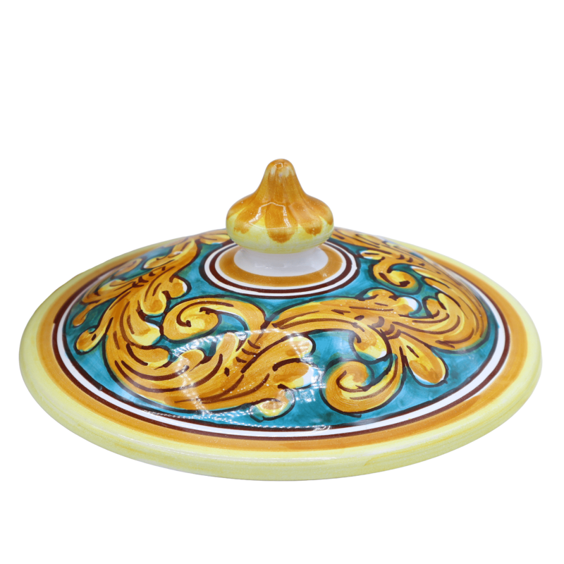 Zuppiera in Ceramica Caltagirone, L 28 x h 27 cm ca. decoro barocco palmetta e fondo verderame - 