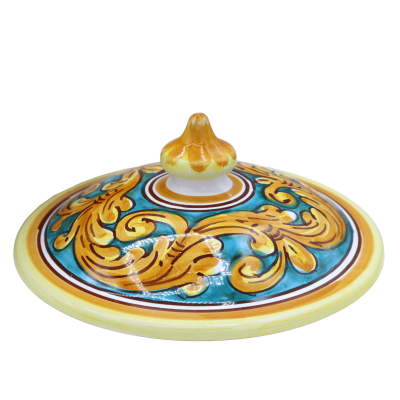 Sopera de cerámica Caltagirone, L 28 x h 27 cm aprox. Decoración barroca de palmetas y fondo cardenillo. - 