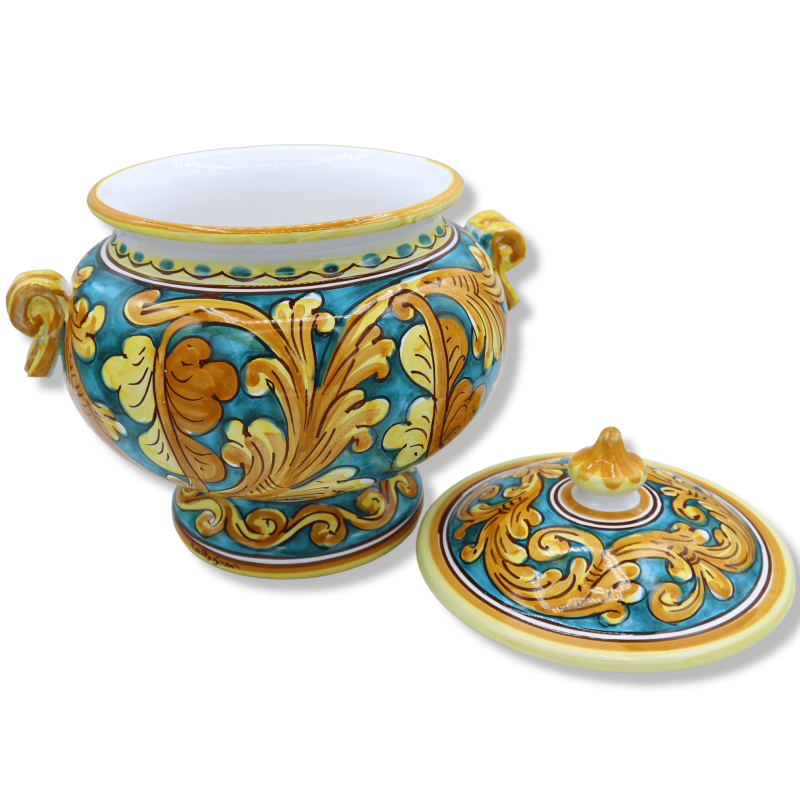 Zuppiera in Ceramica Caltagirone, L 28 x h 27 cm ca. decoro barocco palmetta e fondo verderame - 