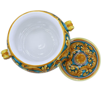 Zuppiera in Ceramica Caltagirone, L 28 x h 27 cm ca. decoro barocco palmetta e fondo verderame - 