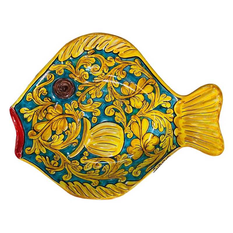 Fish-shaped serving tray in Caltagirone ceramic with verdigris background and Baroque decoration - size 40x30 cm - 