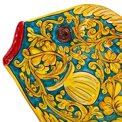 Plate tray with flow shapes Ceramic fish of Caltagirone Verderame and decorations Baroque – sizes 40x30 cm - 