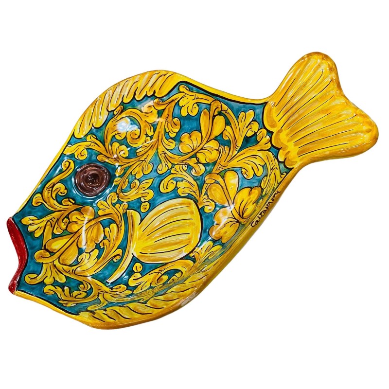 Plate tray with flow shapes Ceramic fish of Caltagirone Verderame and decorations Baroque – sizes 40x30 cm - 