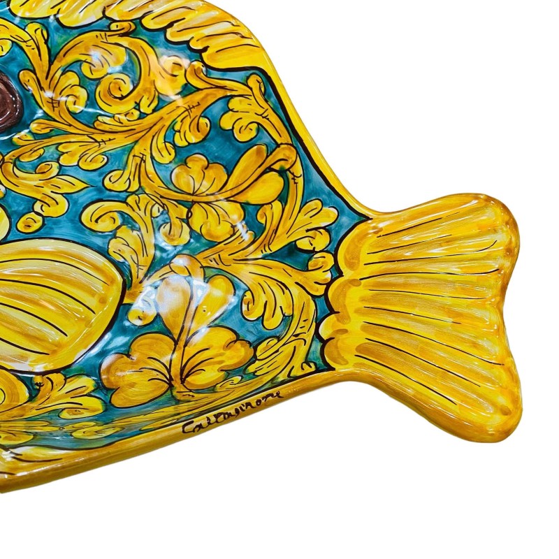 Fish-shaped serving tray in Caltagirone ceramic with verdigris background and Baroque decoration - size 40x30 cm - 