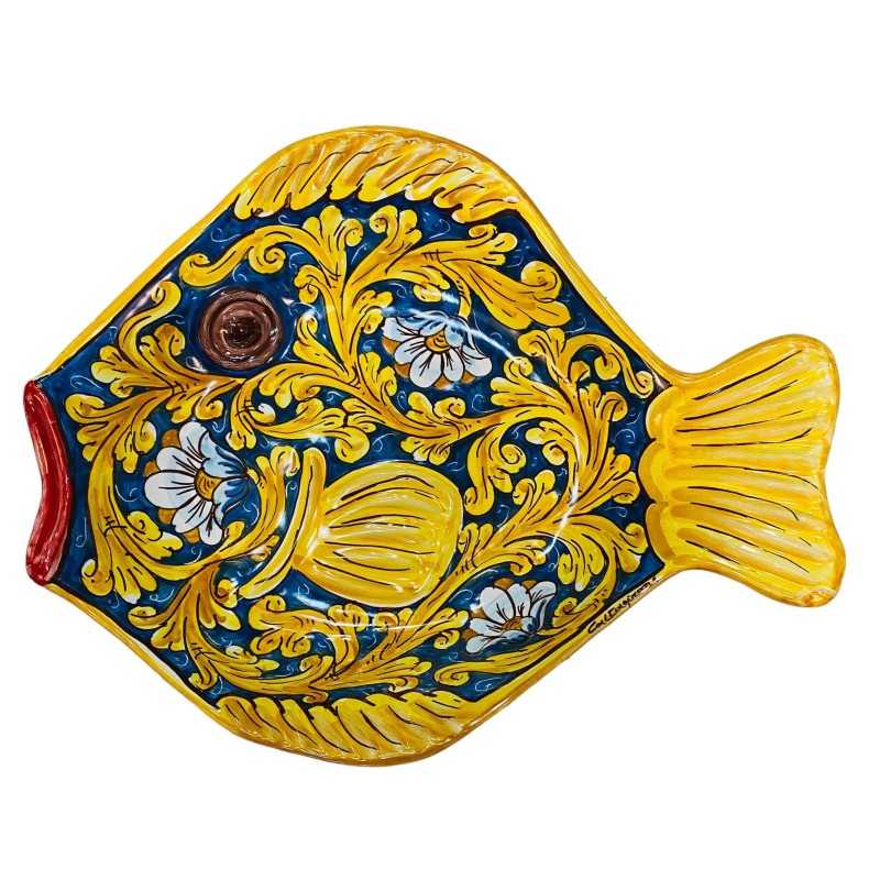 Fish-shaped serving tray in Caltagirone ceramic with Blue background and Floral decoration - size 40x30 cm - 