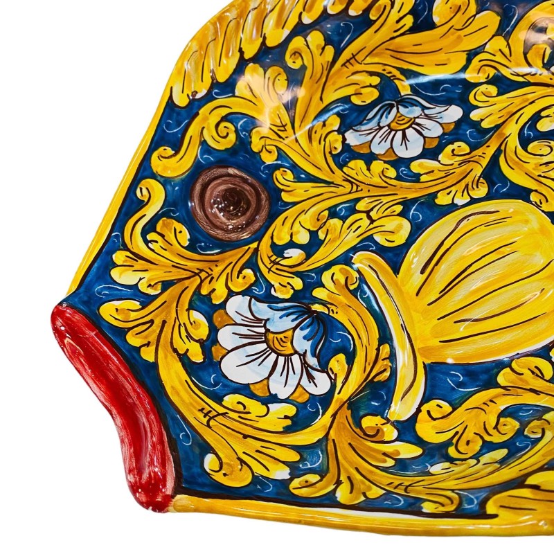 Bandeja de servicio en forma de pez de cerámica Caltagirone, decoración barroca y floral, dos opciones de tamaño (1ud) -