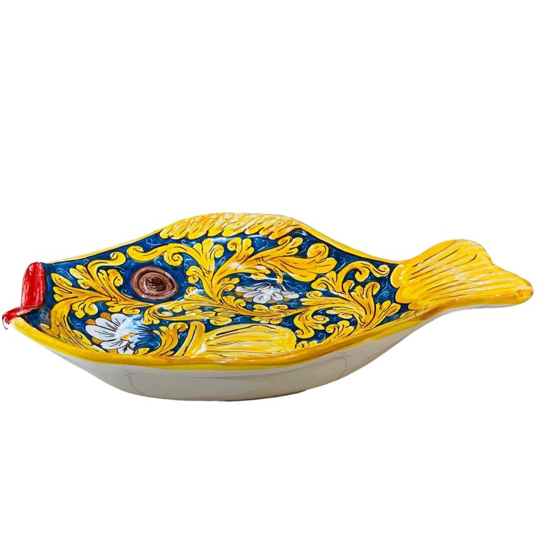 Plate tray med flödesform Keramisk fisk av Caltagirone botten Blå och Bloddekoration - mäter 40x30 cm - 