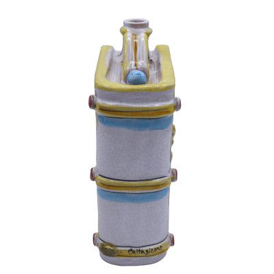 Wasserflasche Libro aus Caltagirone-Keramik, Relief und Barockdekor mit Craquelé-Effekt, H 20 cm x Breite ca. 15 cm. RP-
