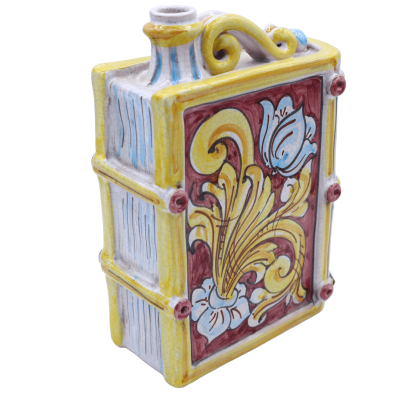 Book bottle in Caltagirone ceramic, relief and baroque decoration with Craquelé effect, h 20 cm x width 15 cm approx. RP