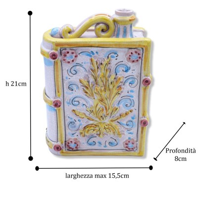 Botella libro en cerámica Caltagirone, relieve y decoración barroca con efecto Craquelé, h 20 cm x ancho 15 cm aprox. MO
