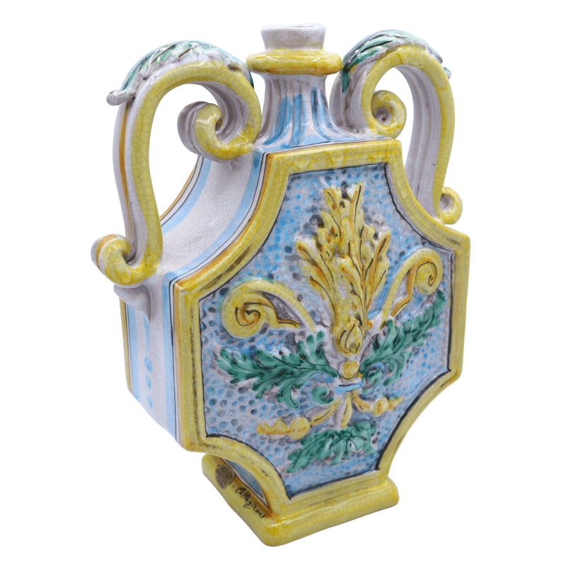 Gourde Fiasco en céramique de Caltagirone, décor en relief et baroque effet Craquelé, h 30 cm x largeur environ 25 cm. M