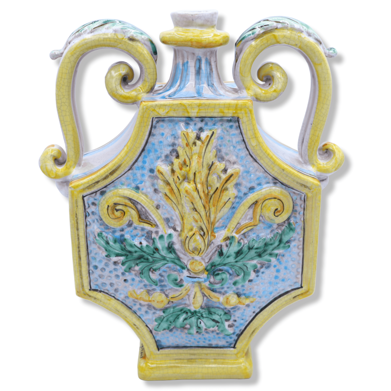 Gourde Fiasco en céramique de Caltagirone, décor en relief et baroque effet Craquelé, h 30 cm x largeur environ 25 cm. M