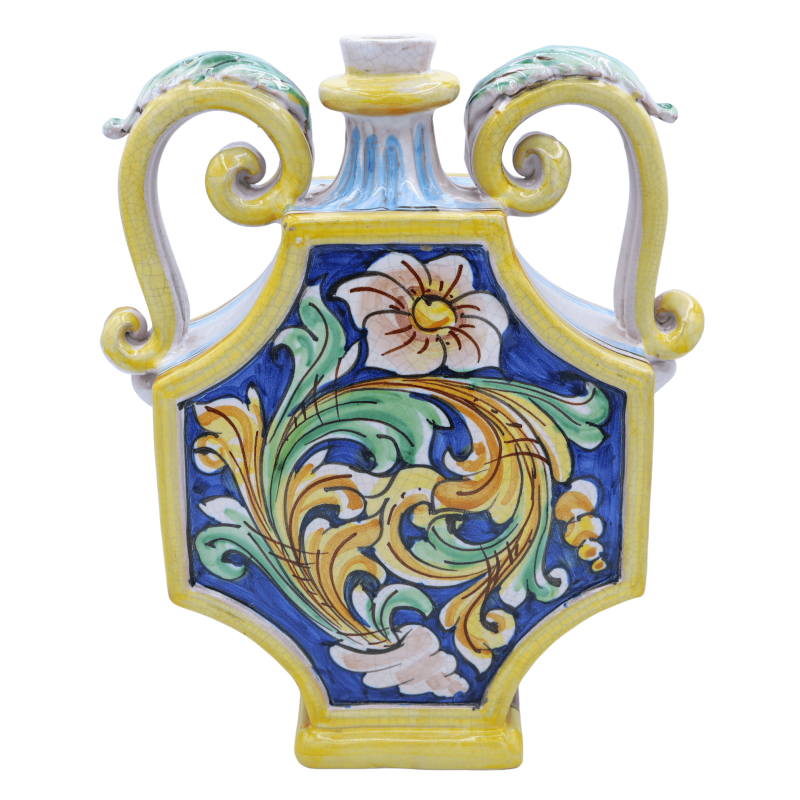 Gourde Fiasco en céramique de Caltagirone, décor en relief et baroque effet Craquelé, h 30 cm x largeur environ 25 cm. M