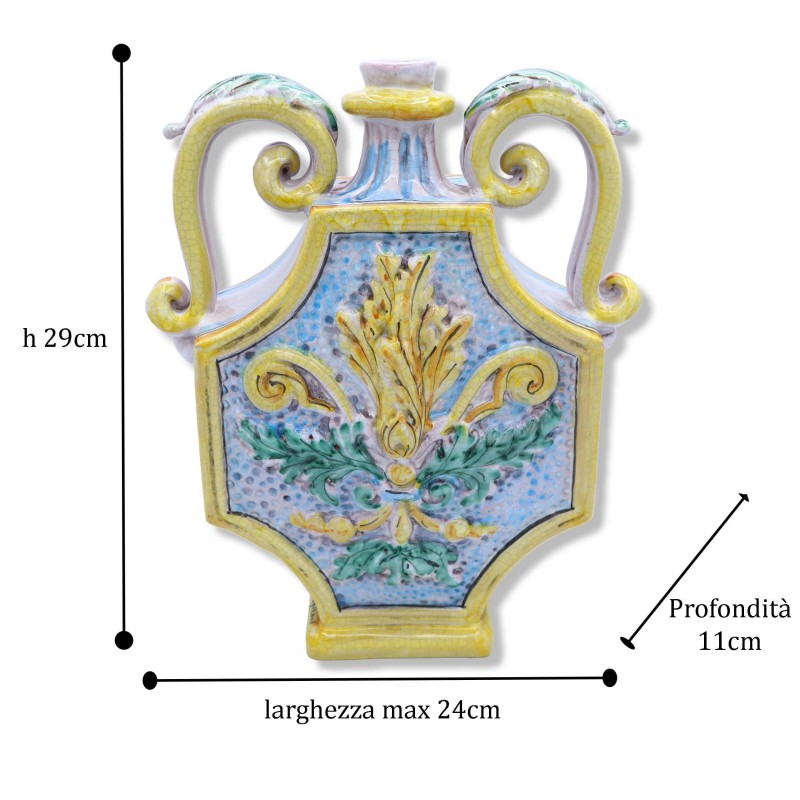 Gourde Fiasco en céramique de Caltagirone, décor en relief et baroque effet Craquelé, h 30 cm x largeur environ 25 cm. M