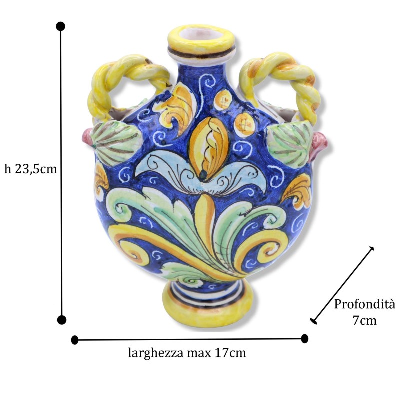 Borraccia Fiaschetta in ceramica Caltagirone, decoro barocco con effetto Craquelé, h 25 cm x larghezza 20 cm ca. Mod RP 