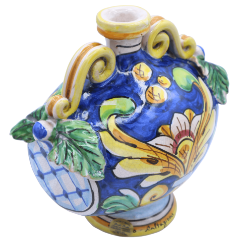 Borraccia Botte i keramik Caltagirone, barockdekoration med lättnader och Craquelé effekt, h 20 cm x bredd 15 cm ca. Mod 2
