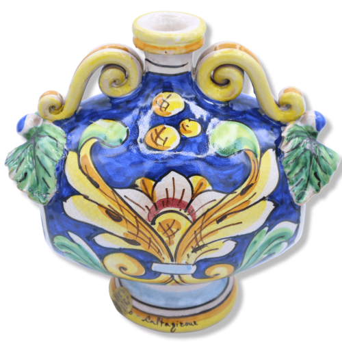 Botte-Flasche aus Caltagirone-Keramik, Barockdekor mit Reliefs und Craquelé-Effekt, H 20 cm x Breite ca. 15 cm. RP-Mod -