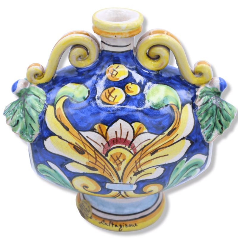 Bottle Botte in Caltagirone ceramic, baroque decoration with reliefs and Craquelé effect, h 20 cm x width 15 cm approx. 